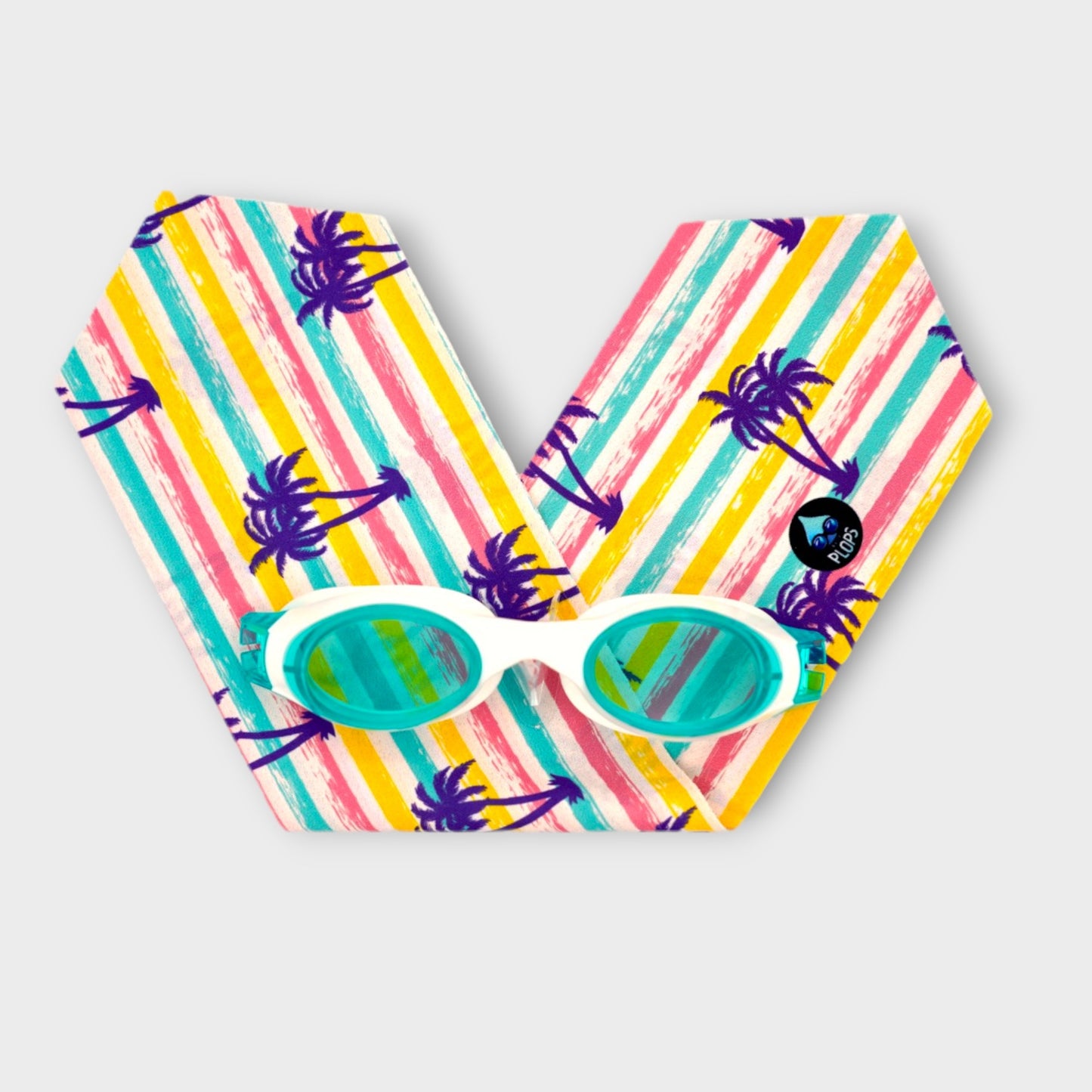 warerplops plops lunettes piscine natation bandeau stretch recyclé polyester élasthanne enfant adulte maillot verres qualité anti buée anti uv accessoire mode fashion ete plage mer étanche étanchéité fille garcons mixte unisexe homme femme tissu palmiers cocotiers violet rose turquoise rose lignes horizontales rayure stripes